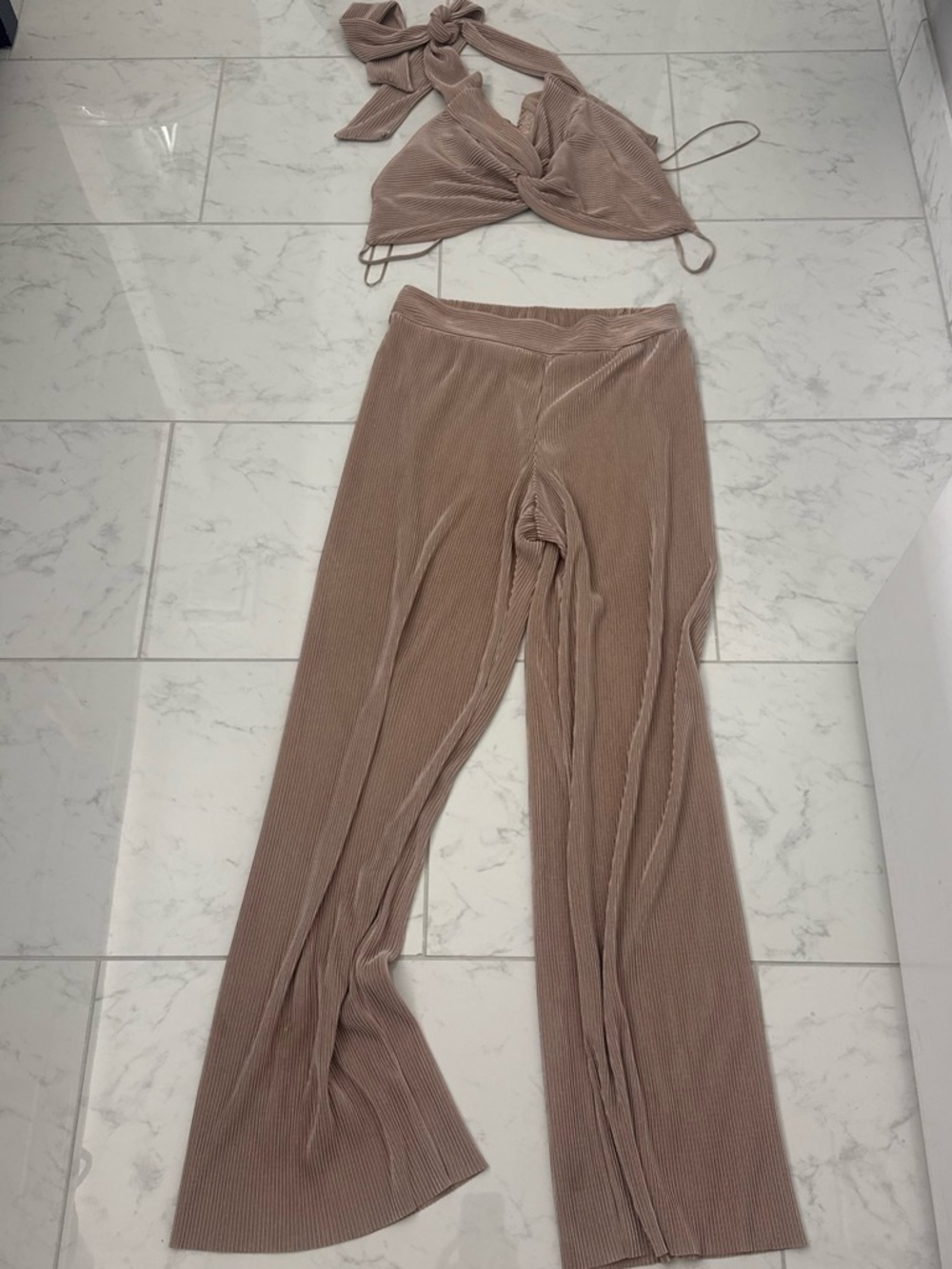 Wide Leg Ribbed Pants in Taupe